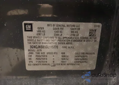 2016 Chevrolet Trax 1Ls from USA, damaged, VIN 3GNCJNSB5GL115770